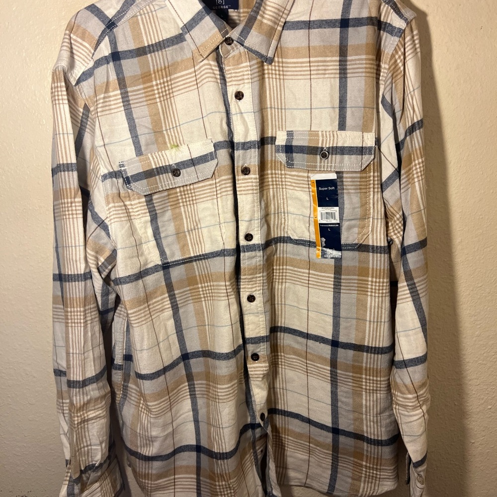 George Men's Long Sleeve Plaid Shirt - Cream and Tan